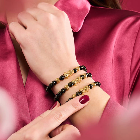 Mini Pixiu Feng Shui Armband | Kohlenstoffelement | Schwarzer Achat x 18 Karat Gold